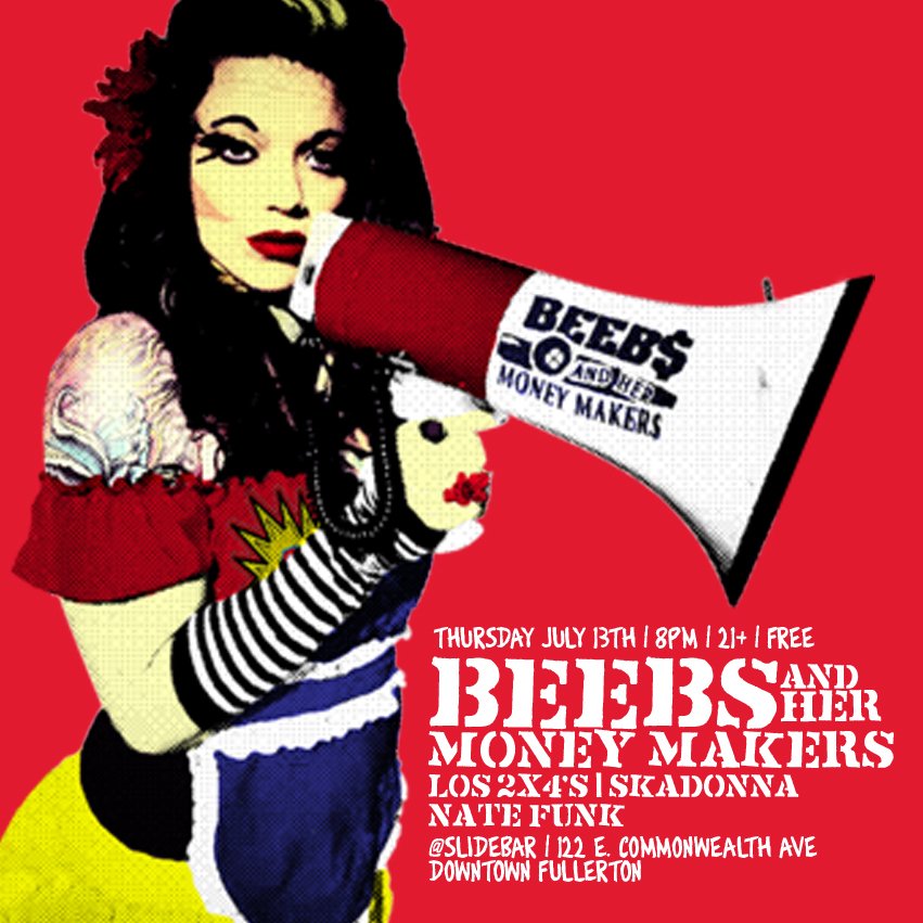 theslidebar's tweet photo. Tonight! BEEBS AND HER MONEY MAKERS with #los2x4s, @skadonna and #NateFunk! FREE SHOW! 8pm. 21+ @beebsmoney #fullerton #slidebar #bahmm https://t.co/ZL5IuvernA
