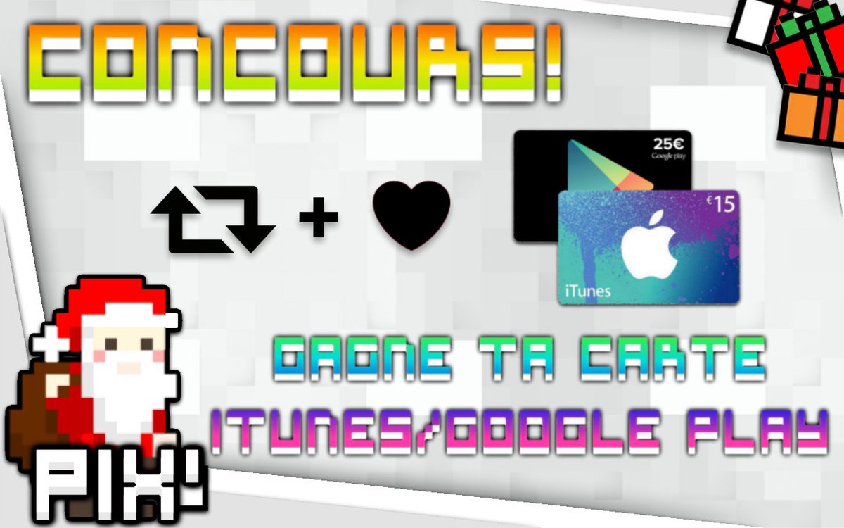 ConcoursPix's tweet photo. #CONCOURS🎁

Pix'Concours vous offre une #CarteItunes ou #GooglePlay d'une valeur de 15€
Pour cela:
#RT &amp; #FOLLOW @ConcoursPix
TAS aux 100#RT https://t.co/SPXOaWGcqs