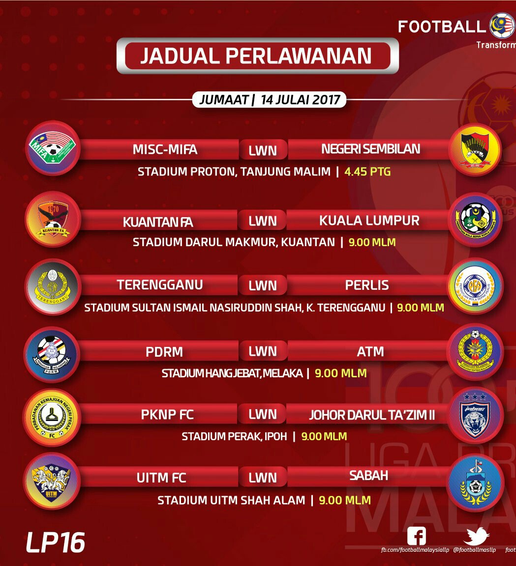 sportsmalaysia's tweet photo. #LigaPerdana2017 #LP16
4:45pm 
MISC-MIFA v N9 
9pm 
Kuantan v KL 
Terengganu v Perlis 
PDRM v ATM 
PKNP v JDT2 
UiTM v Sabah https://t.co/YSltVZUEv8