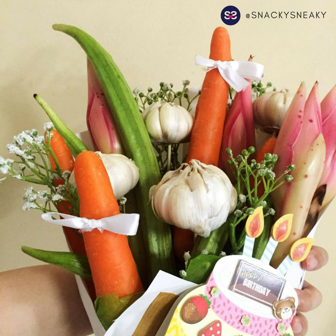 Surprise Idea #7, Fantastic Vegetable Bouquet, perfect for a light-hearted gift. You can even cook the vegetables and eat them afterward!