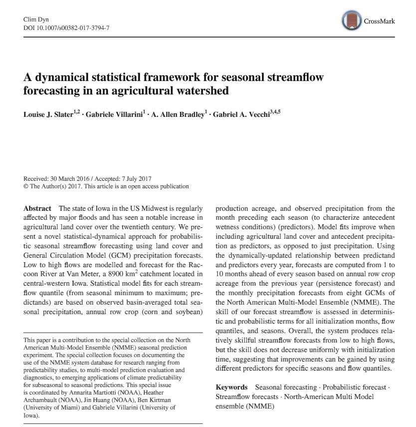 DrLouiseSlater's tweet image. Our paper on dynamical statistical forecasting of seasonal streamflow is now published! rdcu.be/ubbh #ClimateDynamics @IIHRUIowa