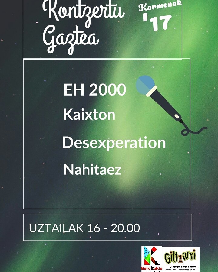 kontseilu's tweet photo. #Karmenak2017 badaude gurekin ta igandeak 16an Kontzertu Gaztea izango dugu #Eh2000 #Kaixton #Nahitaez ta #Desexperation talde gazteekin! https://t.co/H3B1BTCfsu