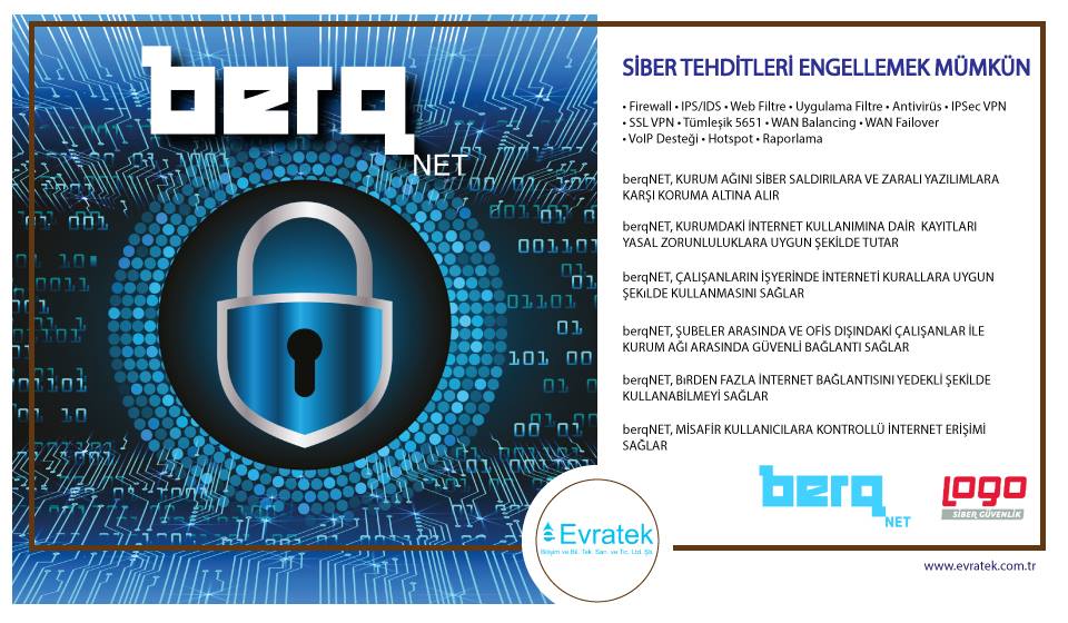 LOGO - BERQNet Siber Güvenlik Ürünleri EVRATEK'te
 #logo #berqnet #firewall #hotspot #VOIP #5651 #VPN #evratek