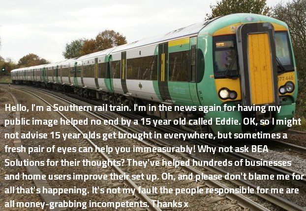 BEASolutions's tweet photo. Your tech coming off the rails? Today's endorser wants to put you on the right track. #BEACeleb (ish) #southernrail #Eddie https://t.co/k5ZvTTsdIb