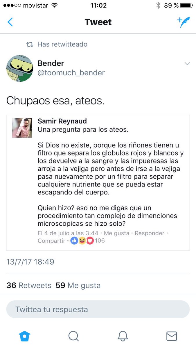 Una pregunta  para los ateos.    Si Dios no existe, porque  los riñones tienen u filtro  que separa los globulos rojos y blancos y los devuelve a la sangre y las impueresas las arroja a la vejiga pero antes de irse a la vejiga pasa nuevamente por un filtro  para separar cualquiere  nutriente  que se pueda estar escapando  del cuerpo.    Quien hizo? eso no me digas que un procedimiento tan complejo de dimenciones microscopicas se hizo solo?