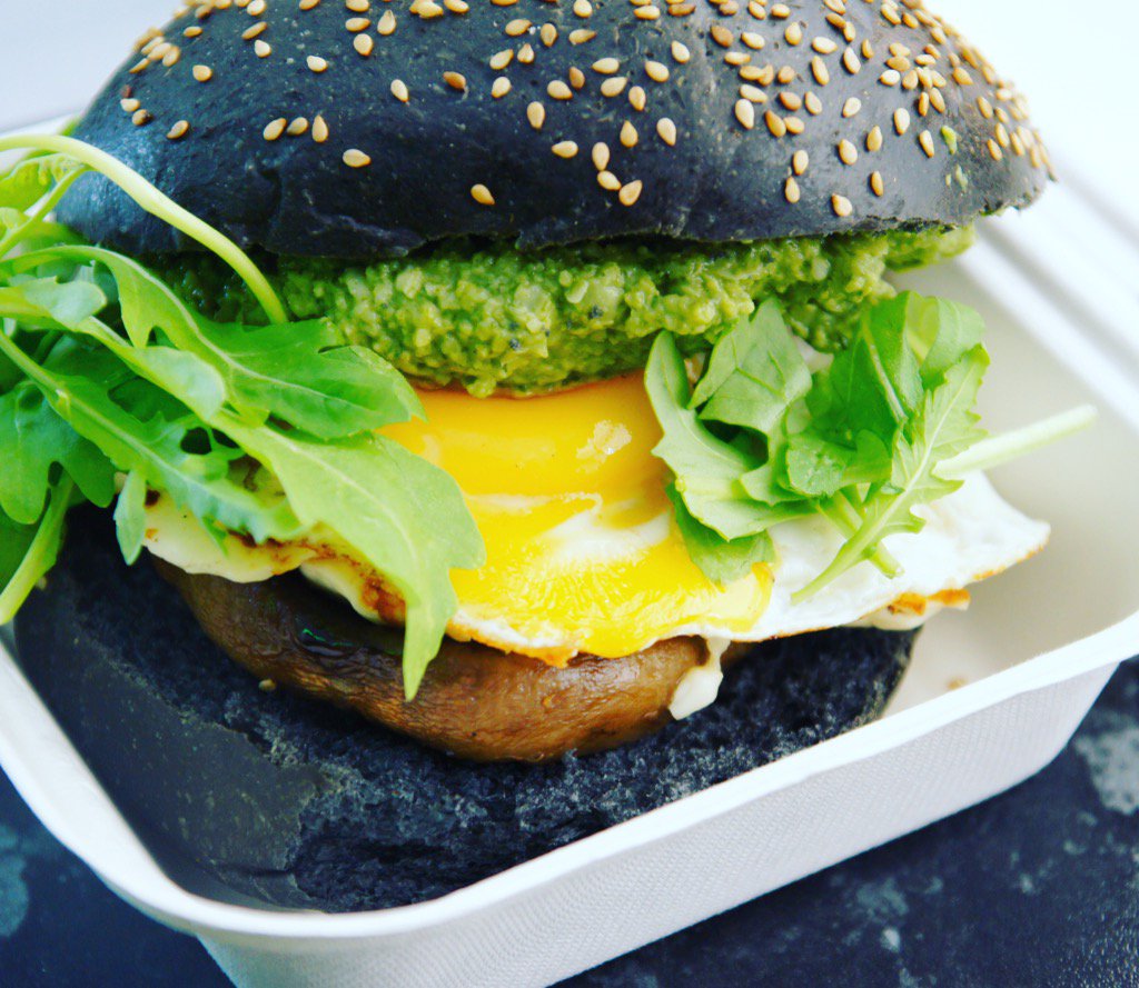 Today <a href="/Artworkssocial/">Elephant Social</a> from 11/6 . Veggie option. Charcoal brioche. Mushroom, halloumi, broad bean hummus, truffle egg