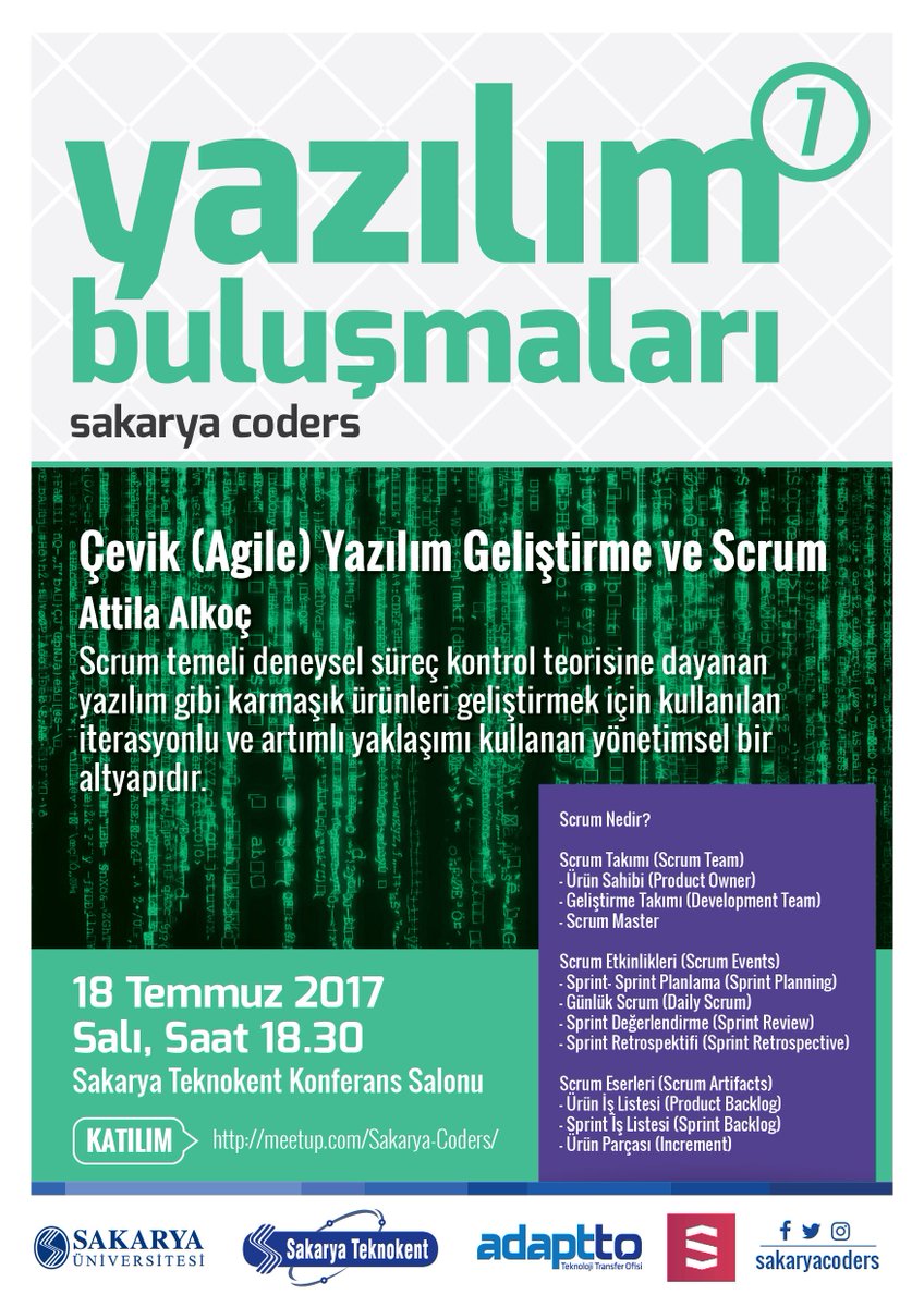 Bu hafta Attila Alkoç "Çevik (Agile) Yazılım Geliştirme ve Scrum" sunumuyla bizlerle birlikte olacak. 🎙️  👩‍💻👨‍💻
<a href="/agileati/">Attila</a> #sakaryacoders