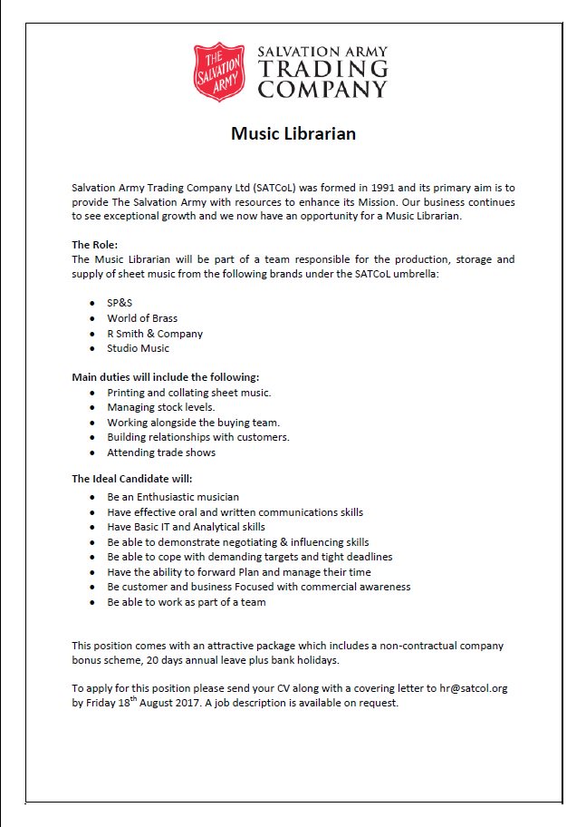 We're recruiting a Music Librarian based in Wellingborough, email hr@satcol.org for more details and to apply #musicjobs