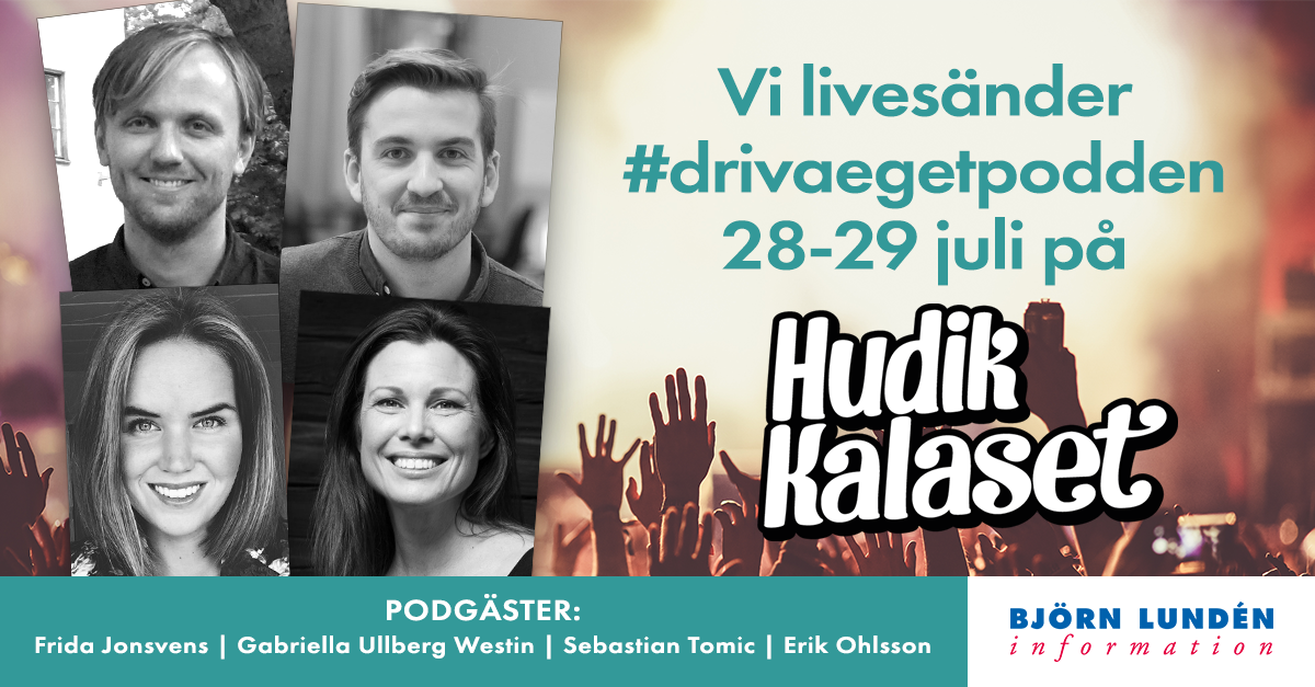 bjornlunden_se's tweet photo. Kom och lyssna på när vi livesänder #Drivaegetpodden på @Hudikkalaset och få en goodiebag med festivalsaker! https://t.co/cxqUHvpbLk