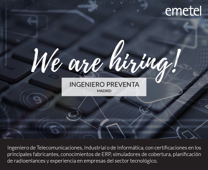 Emetel (@emetel) on Twitter photo We are hiring! INGENIERO PREVENTA ¡Te estamos esperando! Envía tu cv a hola@emetel.net We are hiring! INGENIERO PREVENTA ¡Te estamos esperando! Envía tu cv a hola@emetel.net