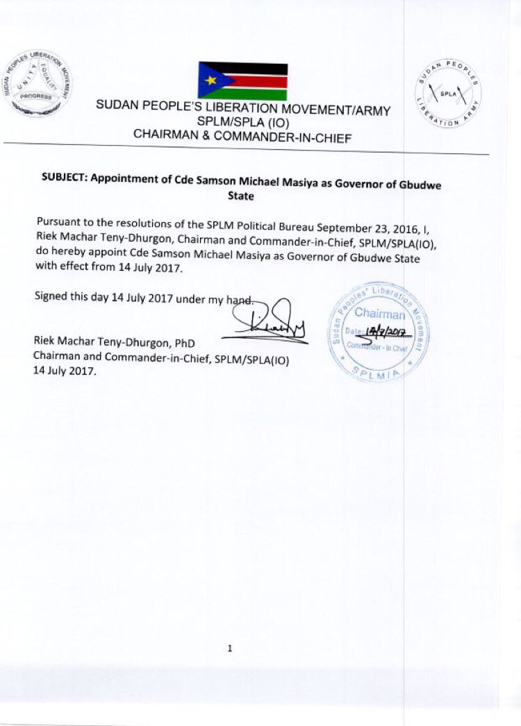 #SPLM-IO appoints 3 new governors, #SouthSudan