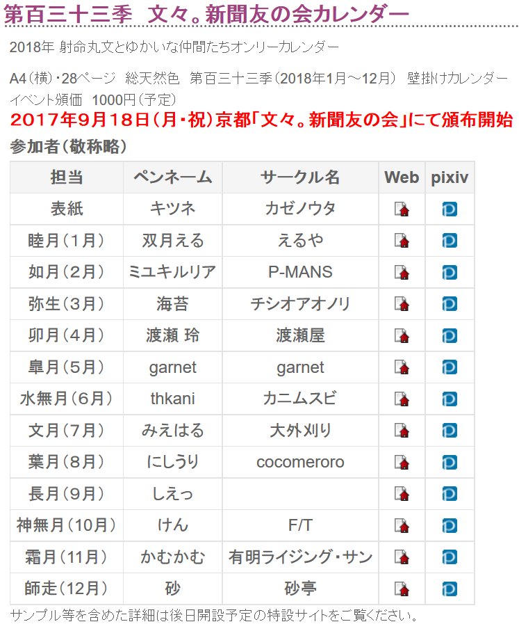 水越柚耶 京都文々 新聞社 On Twitter 先行告知 文ちゃんと見た 幻想郷の四季 射命丸文とゆかいな仲間たちオンリー壁掛け2018年カレンダー 第百三十三季 文々 新聞友の会カレンダー 9月18日 京都にて頒布開始です Https T Co Jgripznqiq