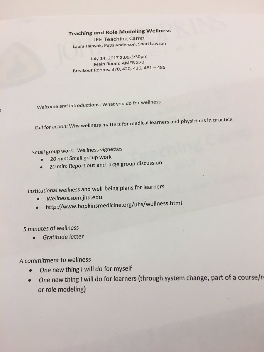 RachelSalasMD's tweet photo. Learning about strategies to promote wellness at Hopkins @HopkinsMedicine #iee2017 https://t.co/OF5r6rVV39