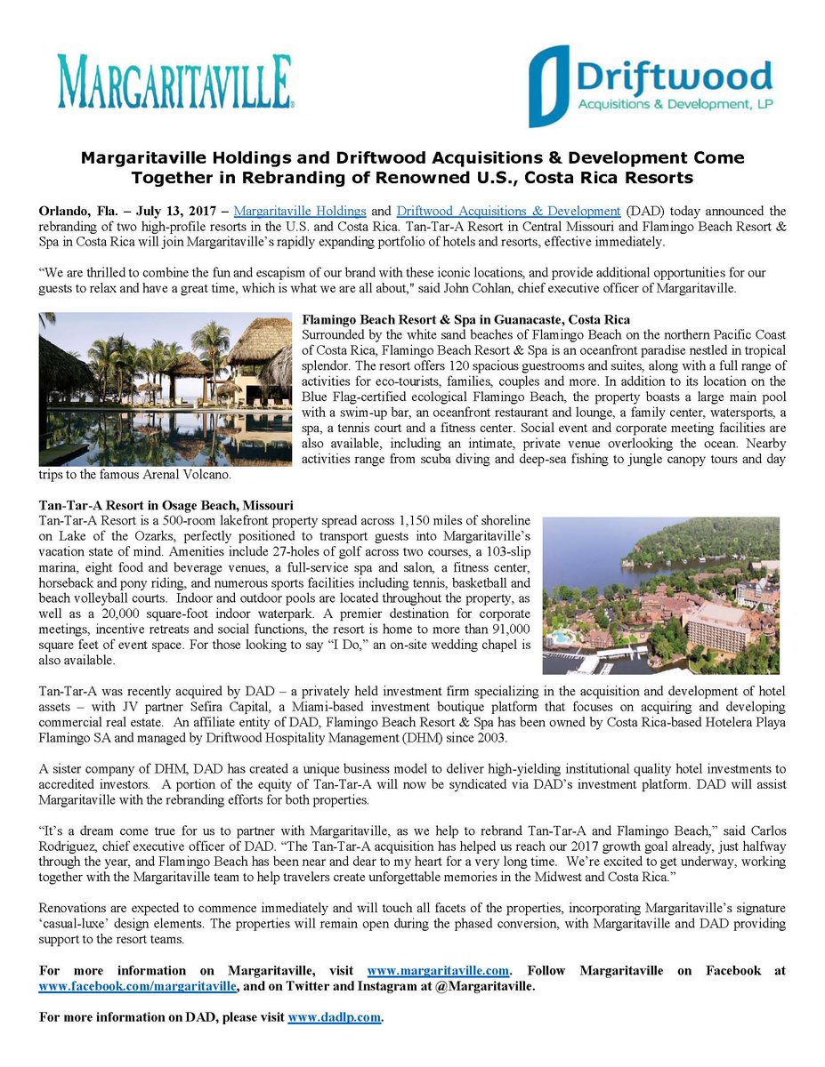 DriftwoodHospitality (@dhmhotels) on Twitter photo Big news from <a href="/DHMhotels/">DriftwoodHospitality</a> & <a href="/Margaritaville/">Margaritaville</a> regarding @TanTarAResort & <a href="/flamingo_beach/">Margaritaville Costa Rica</a>. Fins up! #itsfiveoclocksomewhere Big news from <a href="/DHMhotels/">DriftwoodHospitality</a> & <a href="/Margaritaville/">Margaritaville</a> regarding @TanTarAResort & <a href="/flamingo_beach/">Margaritaville Costa Rica</a>. Fins up! #itsfiveoclocksomewhere