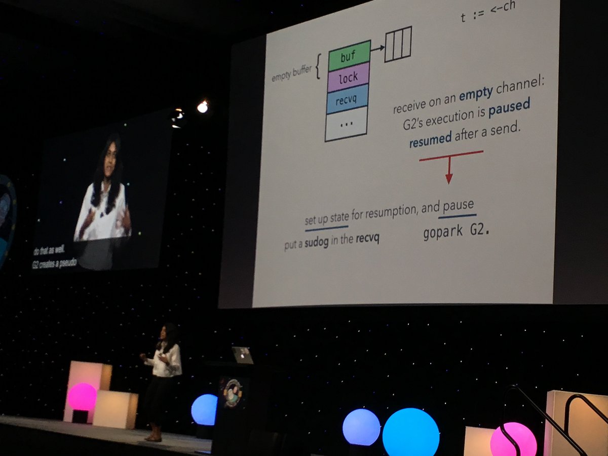 _rsc's tweet image. Kavya Joshi @kavya719 is giving an incredible overview of the runtime scheduler and channel implementation. #golang #gophercon