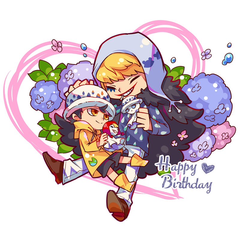 trafalgar law multiple boys 2boys male focus blonde hair flower smile hydrangea  illustration images