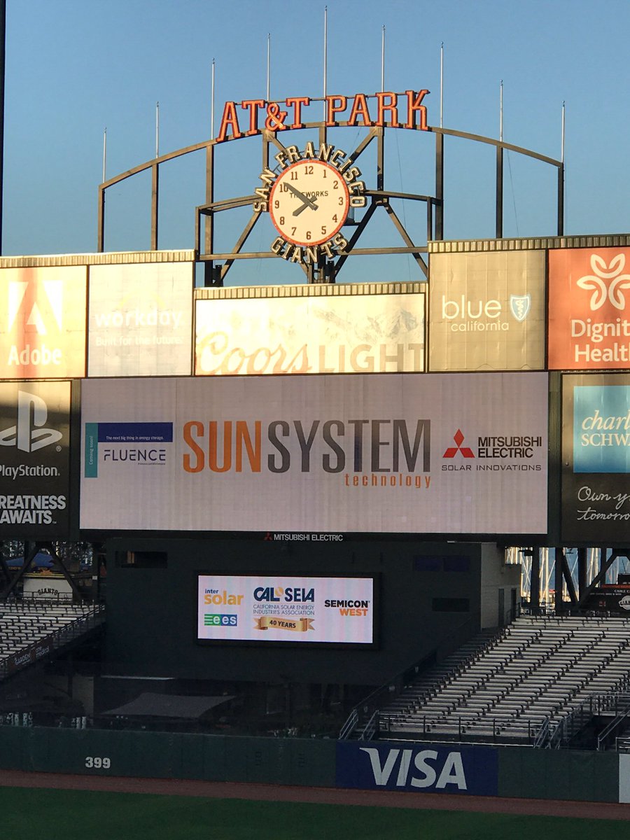 SunSystem_Tech's tweet image. Incredible week talking#solar at #Intersolar in SF! Can't beat seeing your name on the big screen @ATTPark.