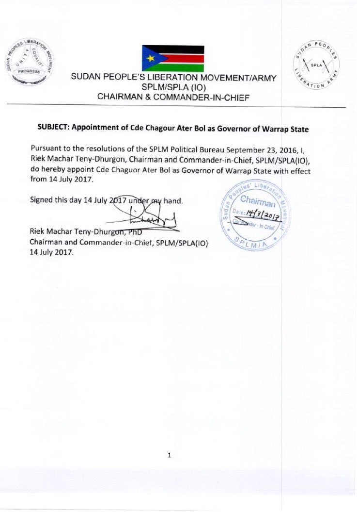 SPLM-io appoints Governor to Warrap State #SouthSudan