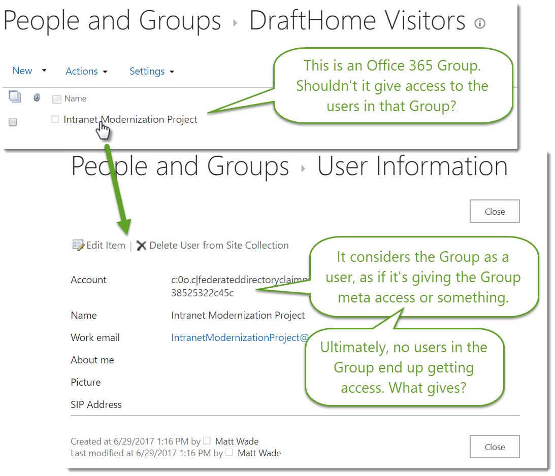 thatmattwade's tweet image. First time trying to give an #Office365 Group access to a #SharePoint site, & it doesn't work. Shouldn't these work like AD groups? #SPhelp