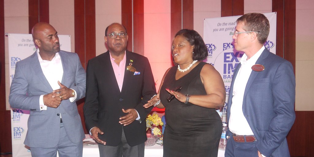 EXIMBankJa's tweet photo. EXIM's Lisa Bell, Managing Dir. (2nd right) & Tourism Min. Edmund Bartlett at the Technology & Tourism Expo.
#TourismLinkages #EXIMBankJa https://t.co/mW19720d2u