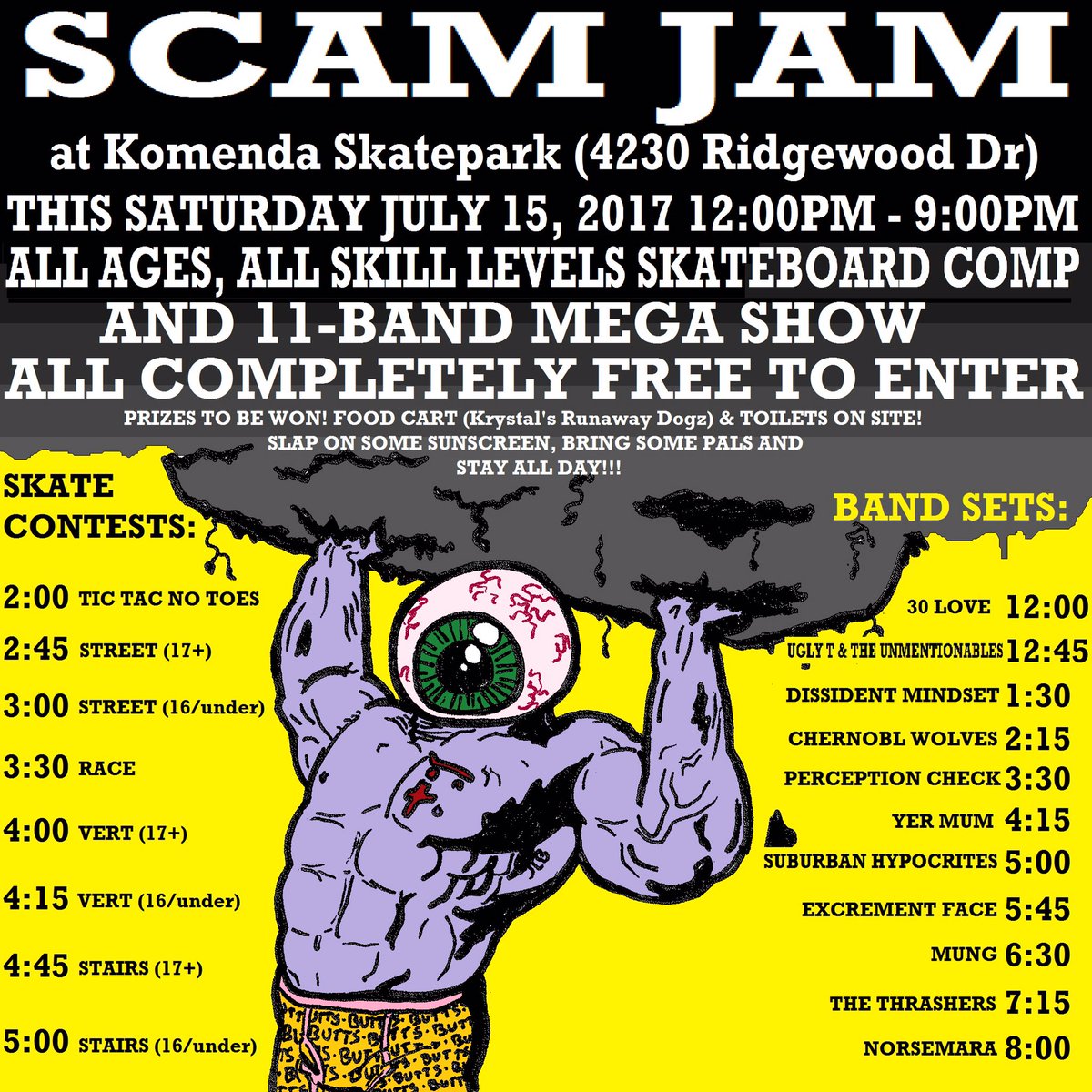 Hey #Winnipeg! Come be hotdog eating, sun-baked, rock 'n roll enthusiast skateboard gangstarrs with us tomorrow! FOR FREE!!!