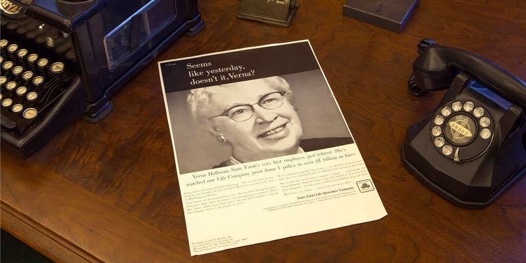 StateFarmBell's tweet image. In 1922, Verna Huffman was hired as the first @StateFarm employee. This ad celebrated her retirement in 1958. #Throwback #FromTheArchives