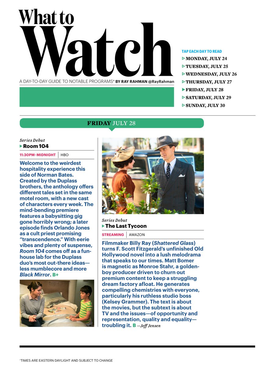 lisakadlec's tweet photo. 'What to Watch' TV section of the new issue of @EW w/ some nice words for @BillyRay5229 @MattBomer &amp; @KelseyGrammer in #TheLastTycoon https://t.co/I4OlDmpzhD