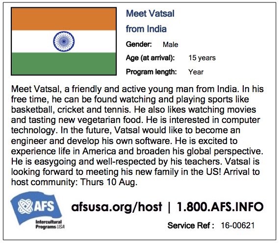 AFSUSA_Chicago's tweet photo. @DGSTennis Bring the world to your family! Who wants to host Vatsal, an @AFSUSA exchange student? https://t.co/Ea6M0LIzqk https://t.co/Fpcymbndm8