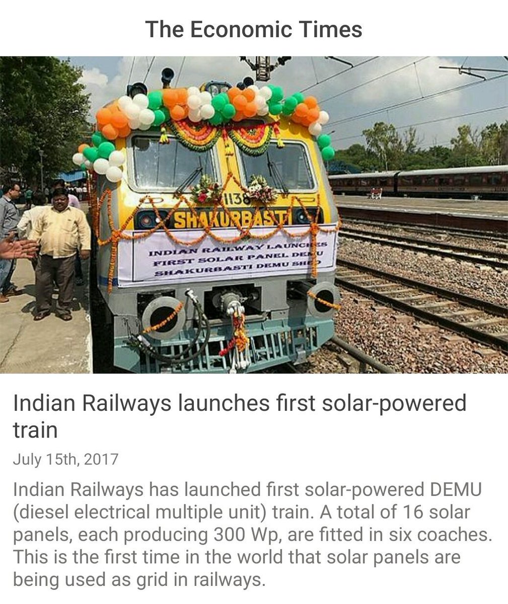 Sanju16pune's tweet photo. Indian Railways launches first solar-powered train
https://t.co/DlGtAy5Rf5 
Kudos to @RailMinIndia @sureshpprabhu sir 💐💐👏👏 #MissionRailDev https://t.co/LRxN0dEhbB