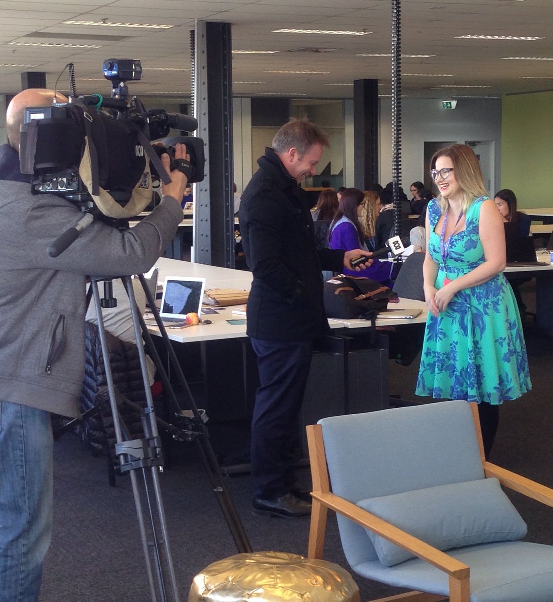 .<a href="/GirlGeekAcademy/">Girl Geek Academy ™️ 🌈</a>'s <a href="/SarahMoran/">Sarah Moran 💃 </a> being interviewed at #SheHacks for @abcnewsMelb -- tune in tonight @ 7pm to see 150 women building #startups