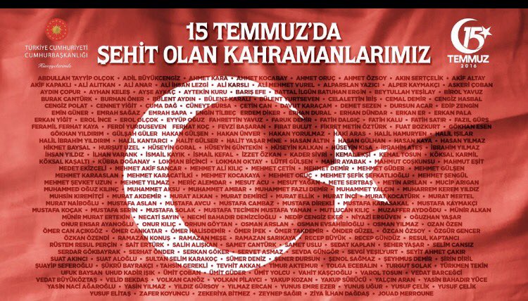 #15Temmuz 'da ülkemizin istiklali ve istikbali için canlarını ortaya koyan şehitlerimize Allahtan rahmet,gazilerimize şifalar dilerim.