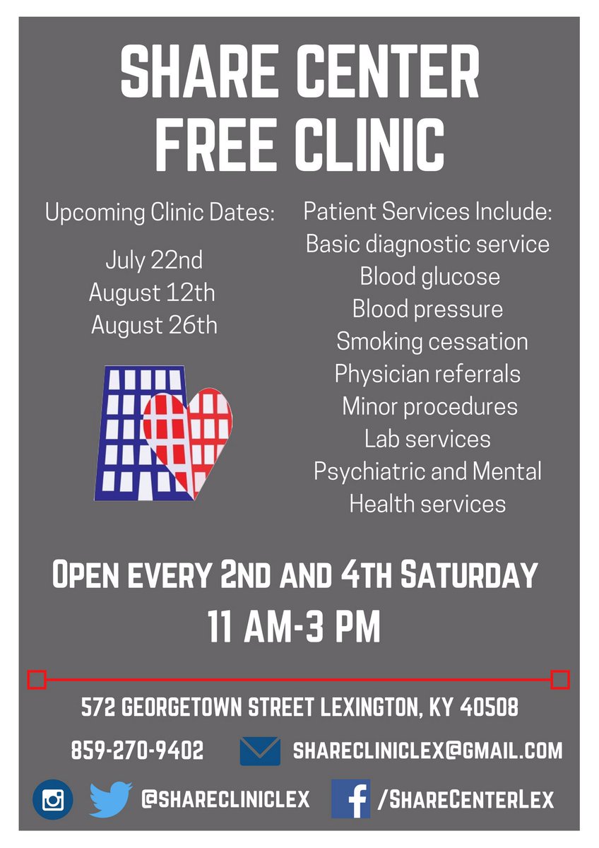 sharecenterlex's tweet photo. Our clinic will be open next Saturday! Please share this flyer! https://t.co/BlxP4xi2wC