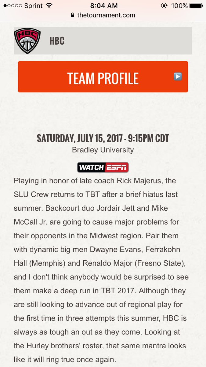 BFHurley's tweet photo. Tune in to ESPN3 tonight at 9:15pm Central/10:15 Eastern to watch @HBC_tbt vs. @MSluCrew in the 1st round of @thetournament #makeempay https://t.co/JaFFXrG9Op