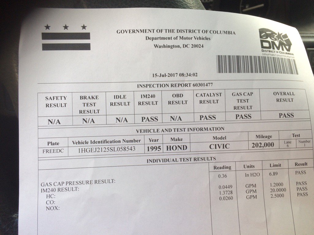 FreeDCnow's tweet photo. Just did the #PassDance at @dcdmv inspection station! 1995 #HondaCivic #202000+ #202 #WooHoo #FREEDC 40 min. in & out https://t.co/T8BuOgmpMw