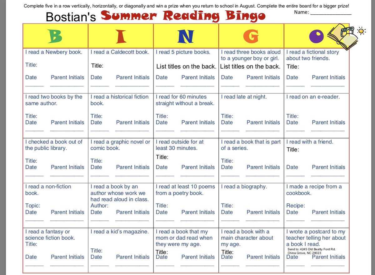 BostianES's tweet photo. Stop the summer slide with the #rssread2017 Summer Reading Challenge and Bostian's Summer Reading Bingo! https://t.co/vftWLnugbc