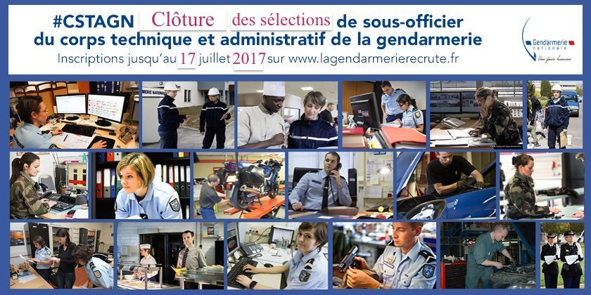 Gendarmerie's tweet photo. #VisEnBleu Inscrivez-vous avant lundi aux sélections et devenez sous-officier du Corps technique et administratif ➡️ https://t.co/iai52BGJLU https://t.co/zZTgzXoGsc