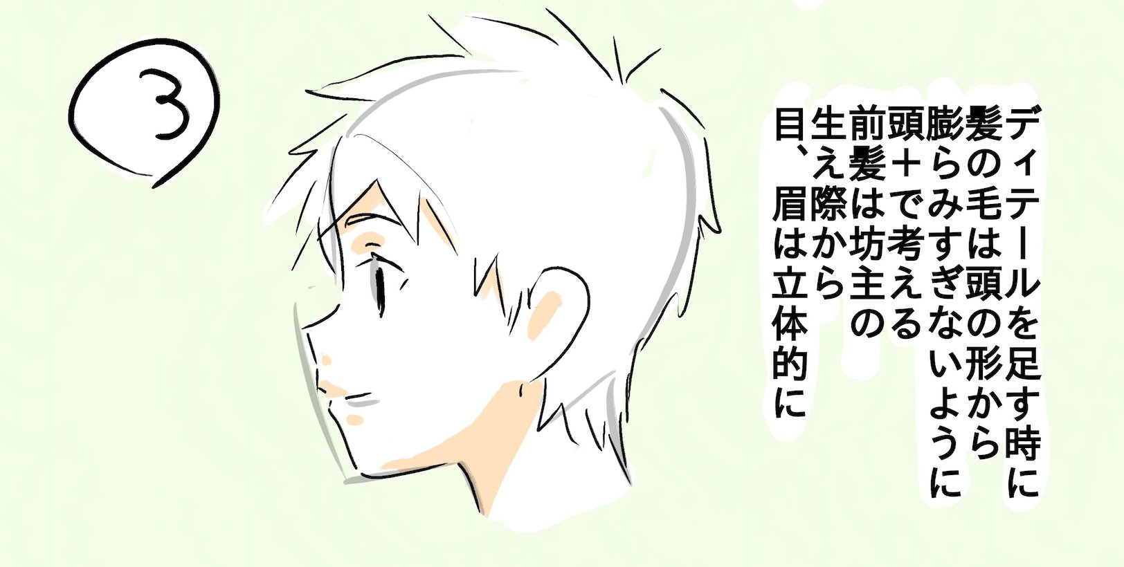 アニメ私塾 横顔の描き方 オデコと鼻下で２本線で横顔を表現 次に後頭部のアタリをとる 思ったよりも目と後頭部の間は広い 鼻とアゴの間に口 頭全体のほぼ中央に耳 目と頭上の間に生え際など 間 間 で分割して形をとると間違えにくい