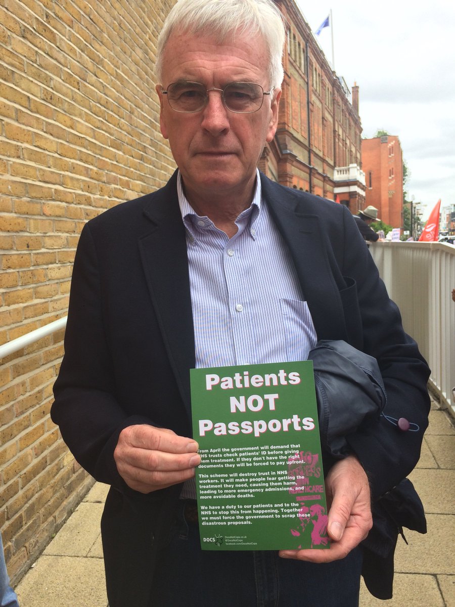 Thanks to @johnmcdonnellMP for supporting @docsnotcops campaign and committing to raise issue of immigration control in @LNWH_NHS ✊️