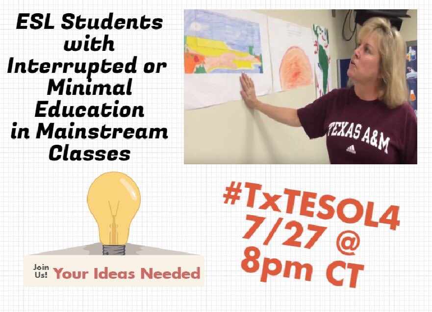 DrCarolSalva's tweet photo. #TxTESOL4 chat Jul27 8pm CT. "#SIFE in mainstream classes" Join us! Our PLN has great ideas, we'd love 2 add urs! #ellchat #Ellchat_BkClub https://t.co/UoTvmqrwGa