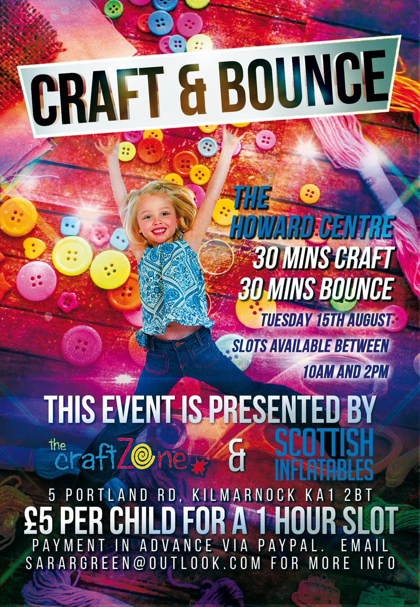 scotinflatables's tweet image. Delighted to be working with Craftzone to bring you Craft and Bounce on Tues 15th Aug! #kids #craft #bounce #killie