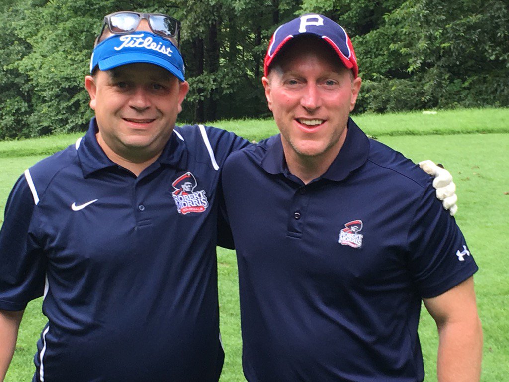 gray_jacket's tweet image. @FitzRMU93 @Chrisoarnold81 representing @RMUMBasketball at the #grayjacket. Go Colonials!!