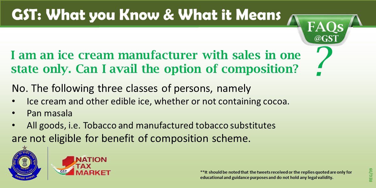 askGST_GoI's tweet photo. GST FAQ on Composition Scheme - 4 #getGSTready #GSTBoostforBiz #GSTFAQs #GSTSimplified https://t.co/97FBGvOEuR
