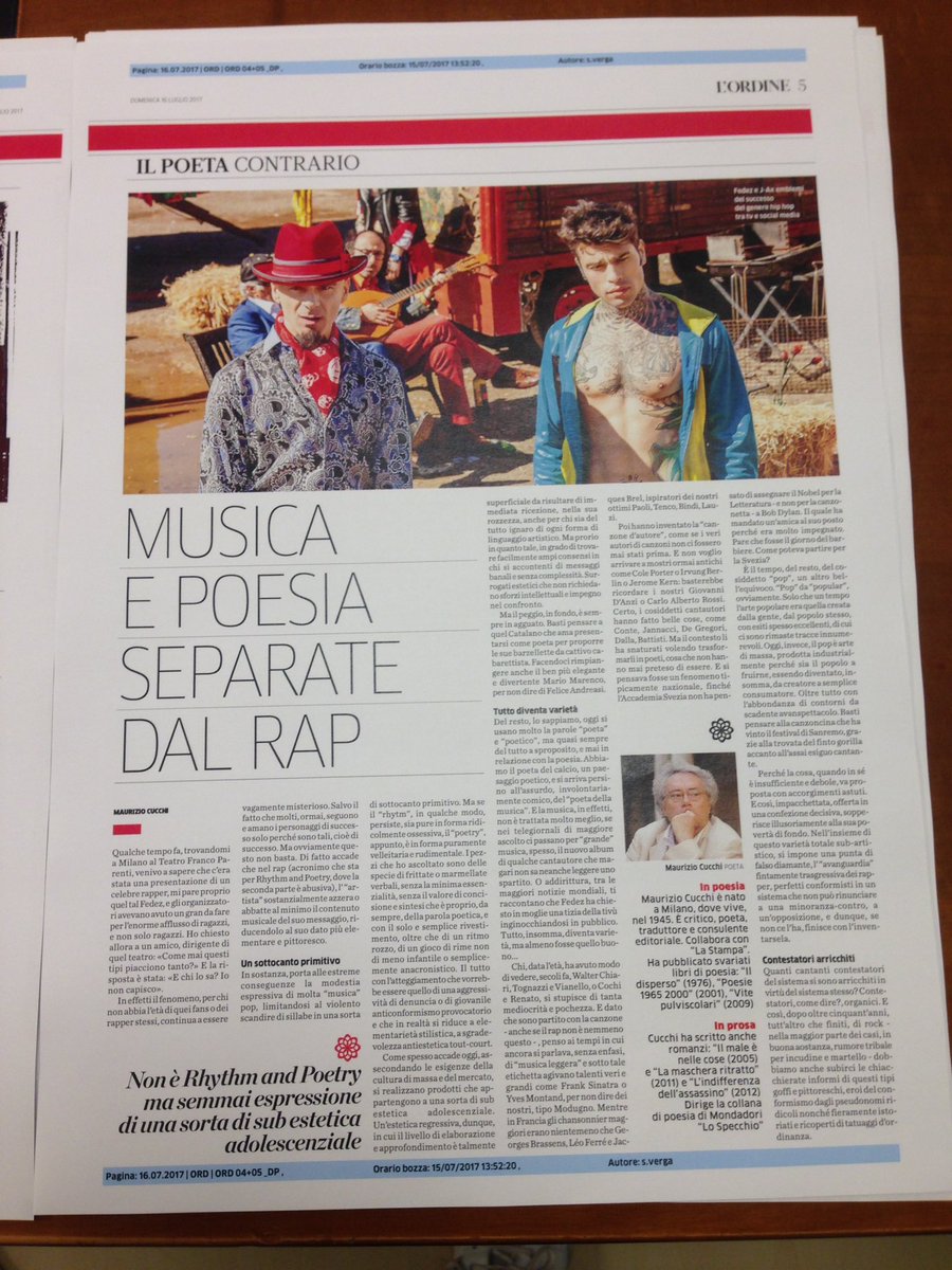 DiegoMinonzio's tweet photo. Ma l'hip hop è letteratura? Il poeta Maurizio #Cucchi e il critico musicale Pierfrancesco #Pacoda su #LOrdine domani con @laprovinciadico https://t.co/vLd5oPTY56