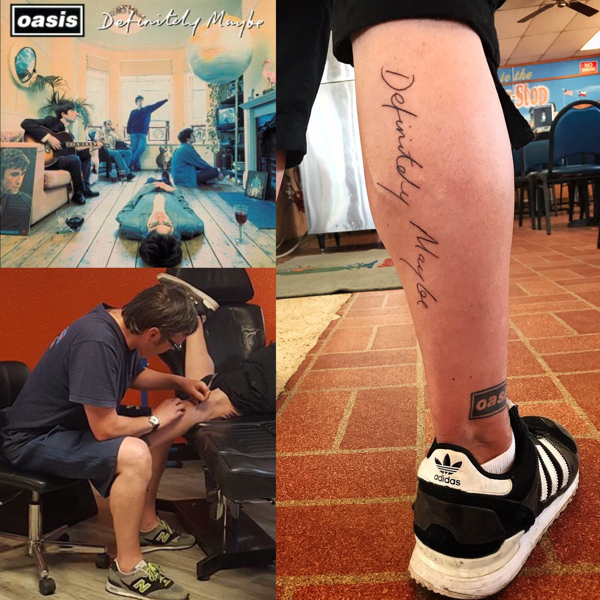 OasisDNA's tweet photo. @vwcampervan @OasisPodcast @adele_pascale @Britpopmemories @WhatsThestory3 Have to show it now. @Microdot66 signing my #oasisdefmaybe in the tattoo studio directly on me. #oasismusic #oasistattoo https://t.co/7B8qXmB3J9