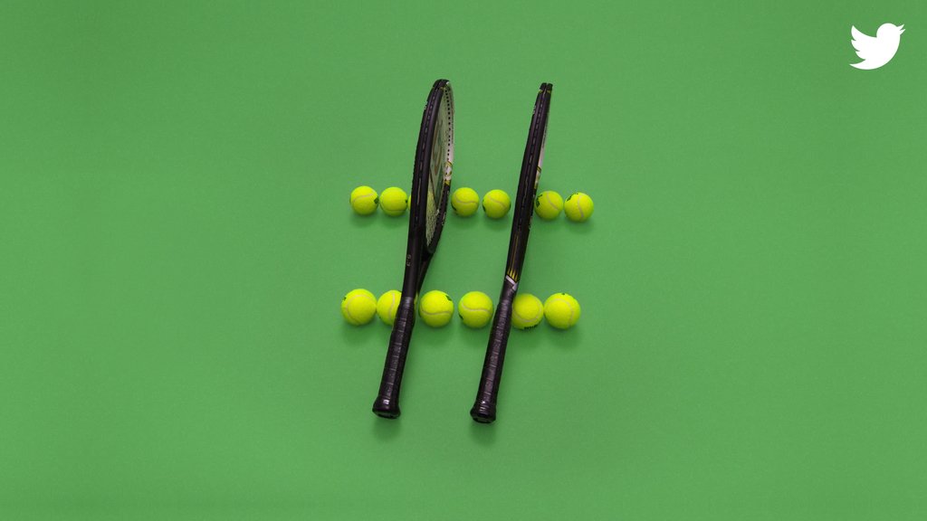 Hashtag symbol made out of tennis balls and rackets on green background