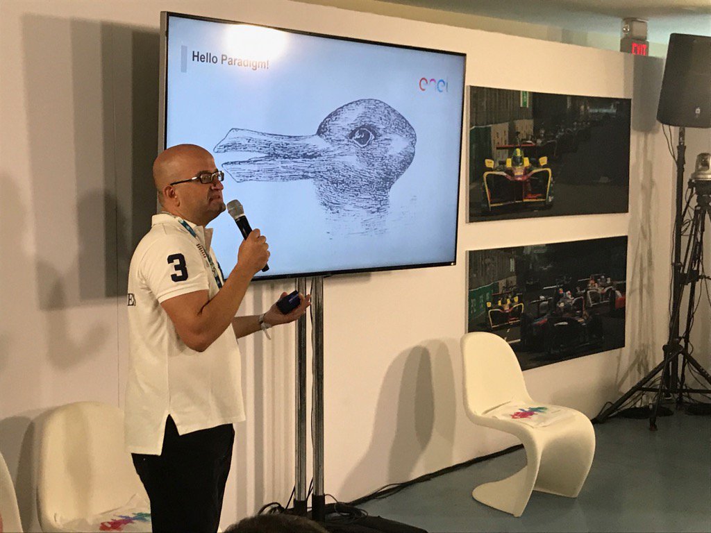 rokeeffe100's tweet photo. Is it a duck or a rabbit? @ernestociorra at #enelfocuson at the #NYCePrix. #innovate for #smartcities https://t.co/8PYfeJfqB6
