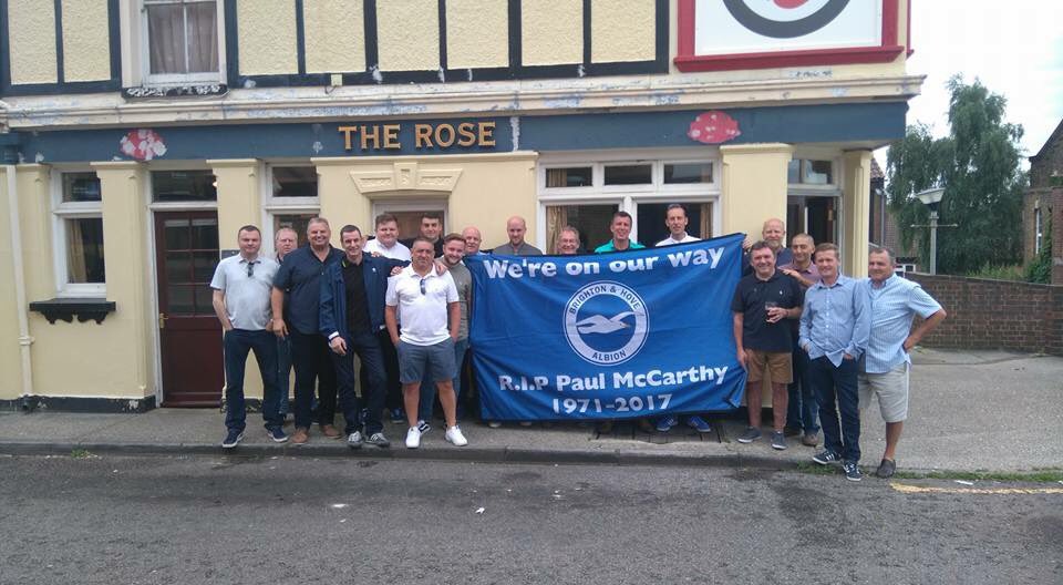 FootyAccums's tweet photo. Brighton fans going to Ebbsfleet v Spurs today in memory of Paul McCarthy, who began his career at Brighton and sadly died aged 45 this year https://t.co/qyHgziy3fO