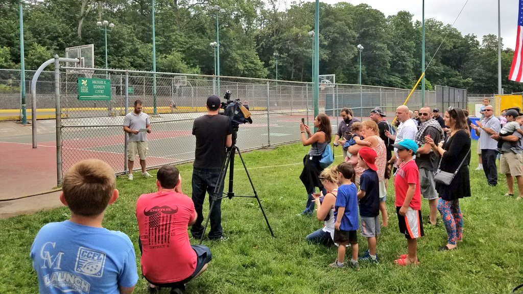 timwestboston's tweet photo. Fantastic turnout for the FF Mike Kennedy Court Dedication & Family Day in #WRox. @Parkway_Motion @BostonFire @MattOMalley @universalhub https://t.co/R6bGs5CW7W