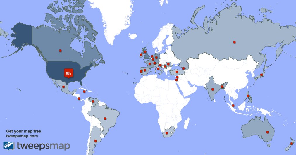 My followers live in 34 countries: USA(85%), UK.(5%)... tweepsmap.com/!RenOutfitters Get your free map!