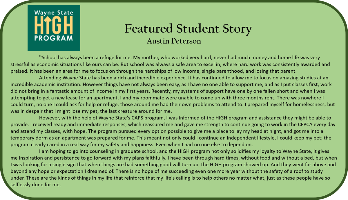 WSUHIGHProgram's tweet photo. Check out our Featured Student Story of the Month!
#helpingindividualsgohigher #wsuhighprogram #waynestateuniversity #highprogram #detroit https://t.co/yS4ZH55O7q